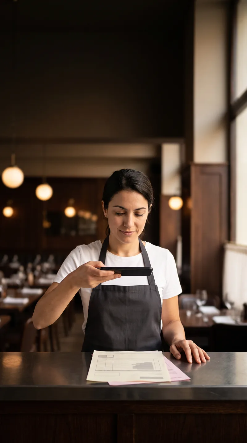 Photographier un bon de livraison au mobile derrière le comptoir d'un restaurant