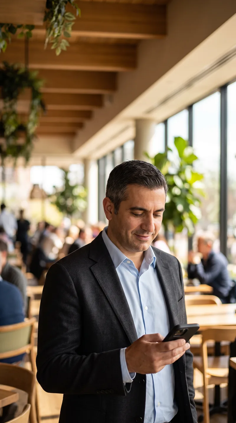 Un restaurateur regarde l'alerte sur son mobile dans la salle de son restaurant